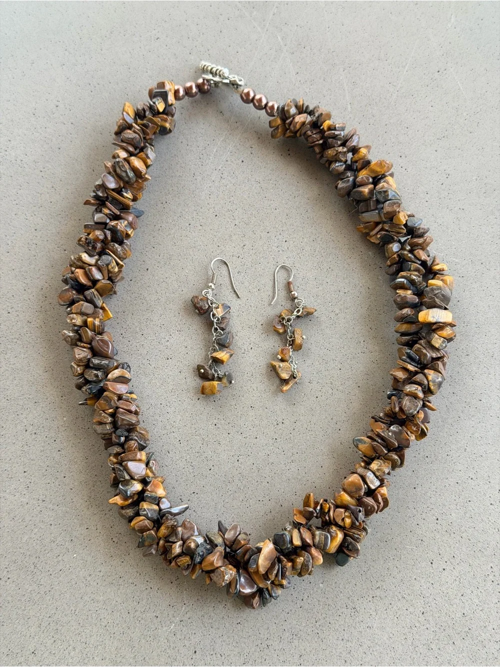 3 Strand Tiger's Eye Chip Necklace, Ring & Earrings Set - Brown